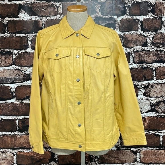 Jessica London Jacket Women's 12 Yellow NWT Leather Coat Snap Buttons Collared - Picture 5 of 17